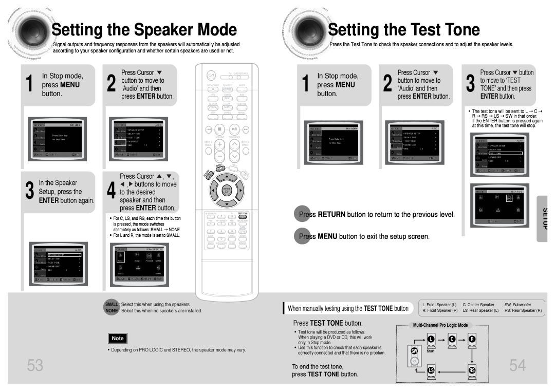 Samsung HT-DS400 Setting the Speaker Mode, Setting the Test Tone, In the Speaker 3 Setup, press the ENTER button again 