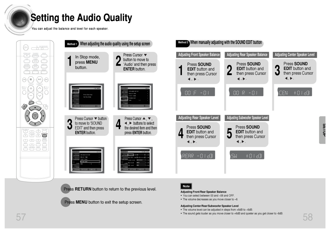 Samsung HTDS400RH/EDC Setting the Audio Quality, In Stop mode, press MENU, Press SOUND 1 EDIT button and then press Cursor 