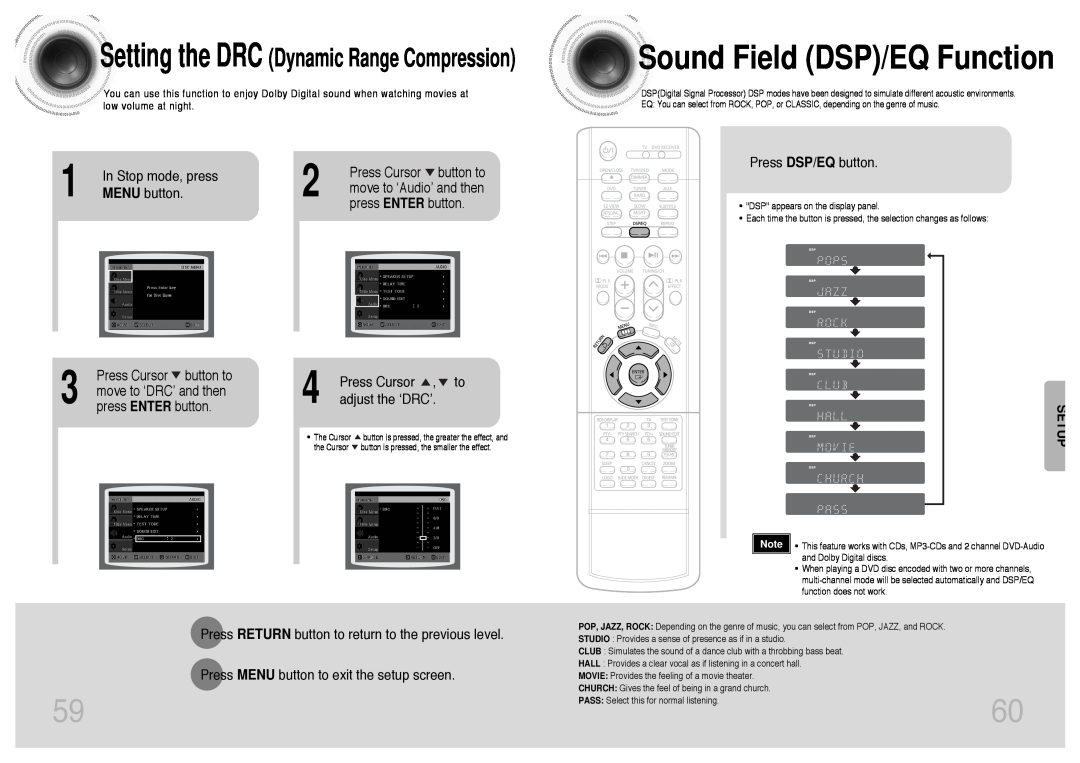 Samsung HTDS400RH/ELS, HT-DS400 manual Sound Field DSP/EQ Function, Setting the DRC Dynamic Range Compression, Setup 