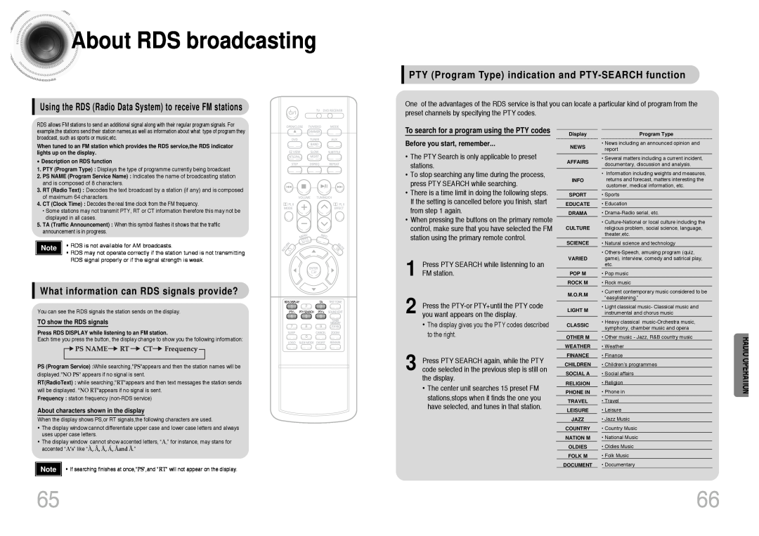 Samsung HT-DS420RH/XFO manual About RDS broadcasting, PTY Program Type indication and PTY-SEARCH function, Radio Operation 
