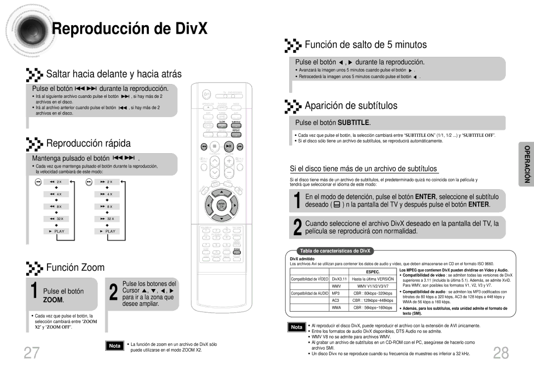 Samsung HTDS400RH/EDC, HT-DS400 Reproducció n de DivX, Pulse el botón durante la reproducción, Mantenga pulsado el botón 