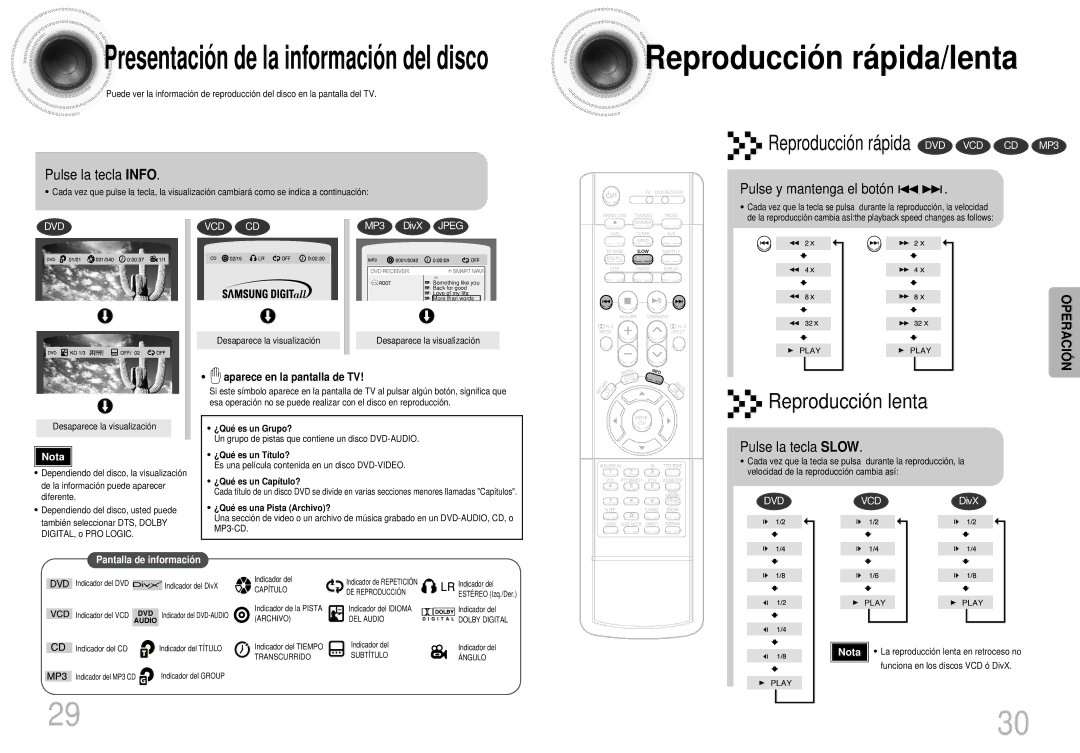 Samsung HT-DS400 manual Pulse la tecla Info, Pulse y mantenga el botón, Pulse la tecla Slow, Aparece en la pantalla de TV 