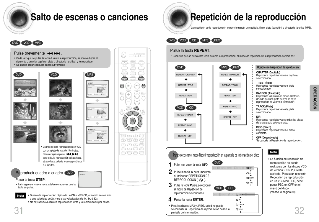 Samsung HTDS400RH/EDC, HT-DS400 manual Salto de escenas o canciones, Pulse brevemente, Pulse la tecla Repeat 