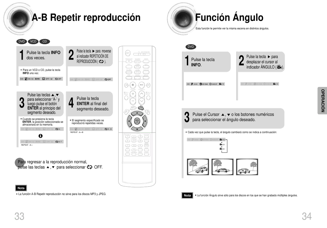 Samsung HT-DS400, HTDS400RH/EDC Repetir reproducció n Funció n Á ngulo, Pulse la tecla Info dos veces, Pulse la tecla para 