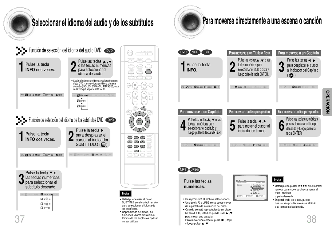 Samsung HT-DS400 manual 1Pulse la tecla Info, Al indicador del Capítulo, Indicador de tiempo, Tecla Enter, Pulse la tecla o 