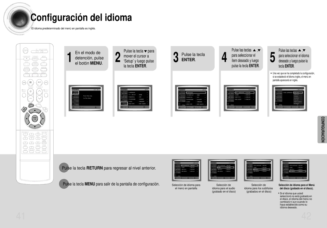 Samsung HT-DS400 manual Configuración del idioma, El botón Menu, Pulse la tecla Return para regresar al nivel anterior 