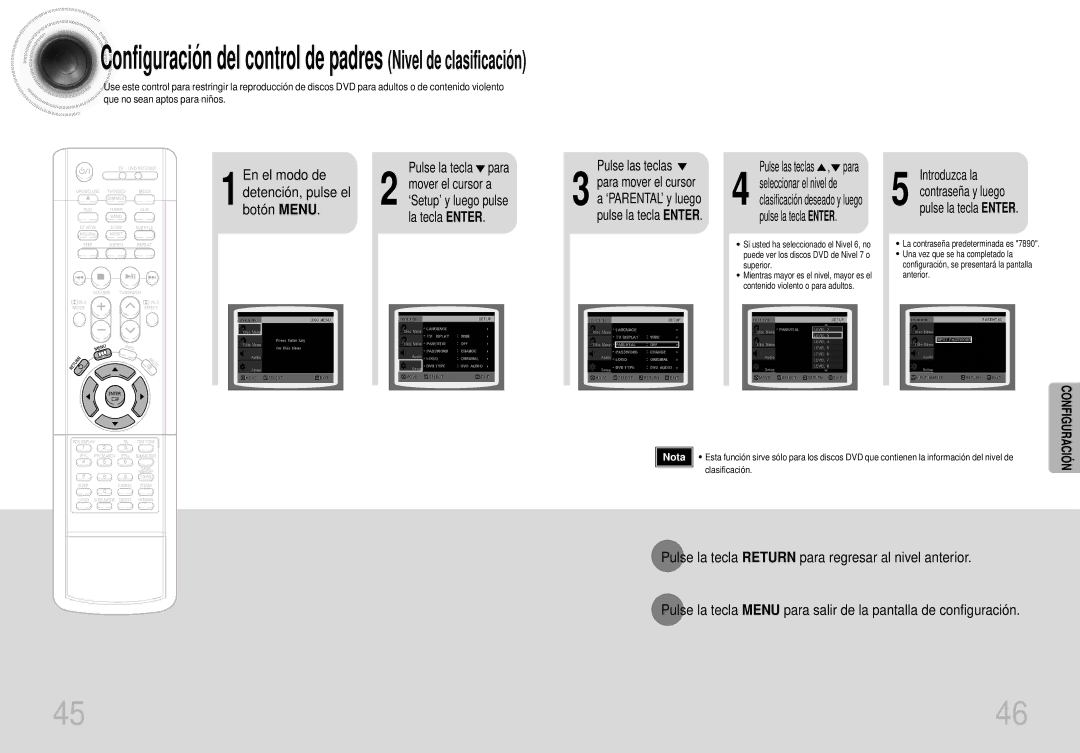 Samsung HT-DS400 Configuración del control de padres Nivel de clasificación, Introduzca la, Detención, pulse el botón Menu 