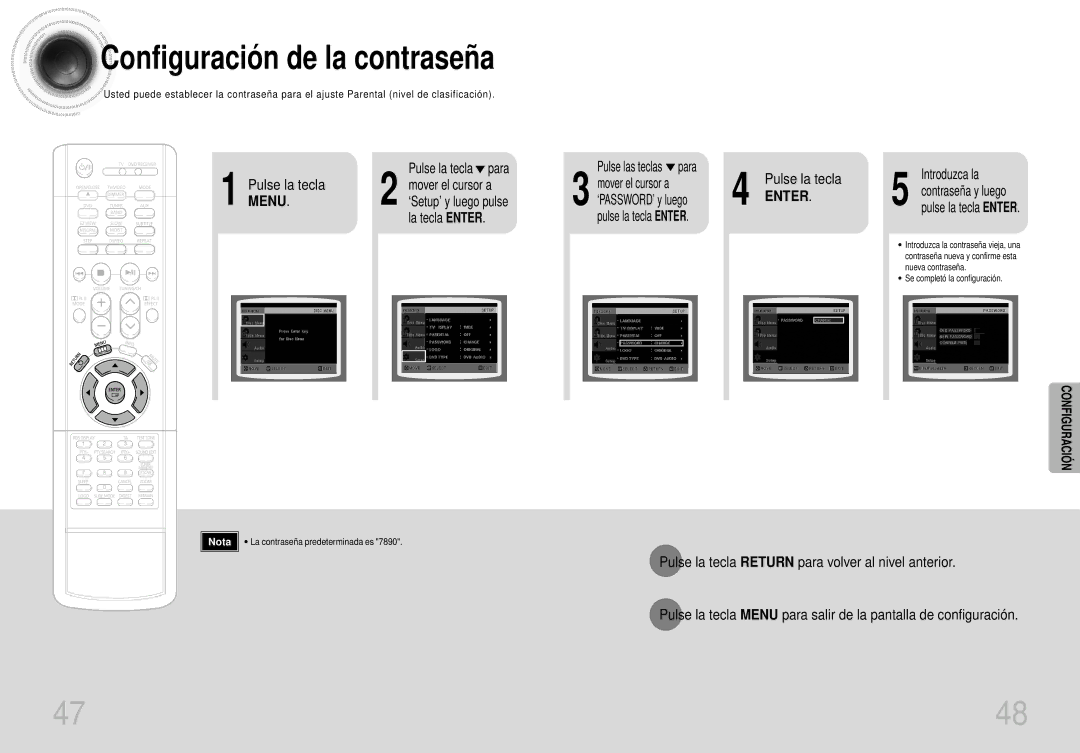 Samsung HTDS400RH/EDC, HT-DS400 manual Configuración de la contraseña, La tecla Enter, Mover el cursor a, ‘PASSWORD’ y luego 