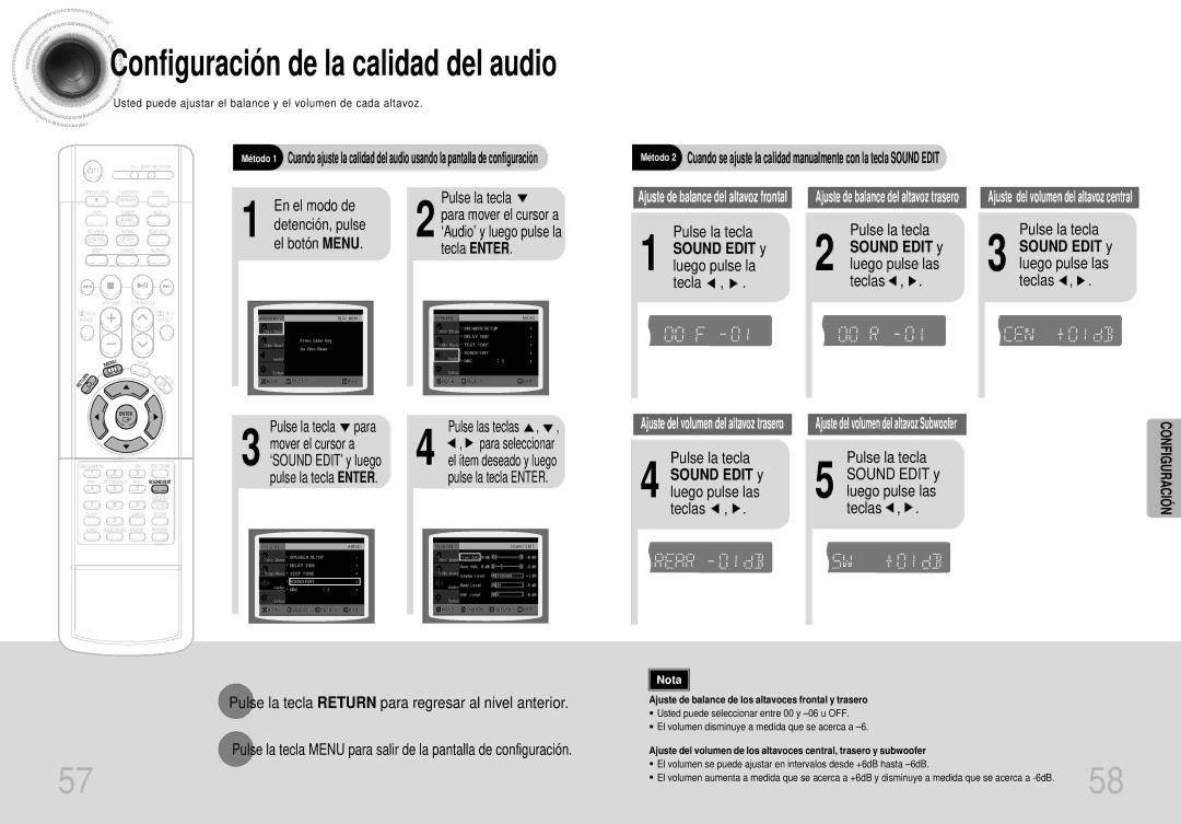 Samsung HT-DS400, HTDS400RH/EDC manual En el modo de Pulse la tecla, El botón Menu Tecla Enter, Sound Edit y 