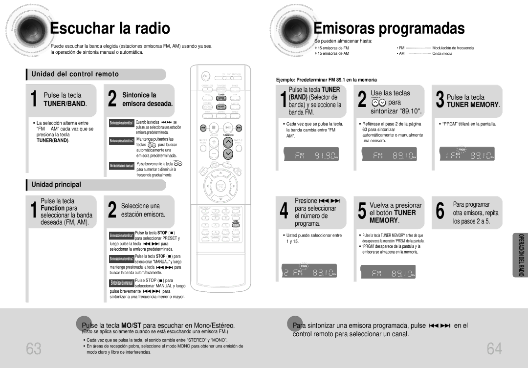 Samsung HTDS400RH/EDC, HT-DS400 manual Escuchar la radio Emisoras programadas, Unidad del control remoto, Unidad principal 