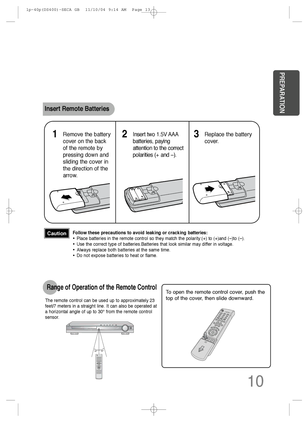 Samsung HT-DS400 instruction manual Insert Remote Batteries, Range of Operation of the Remote Control 