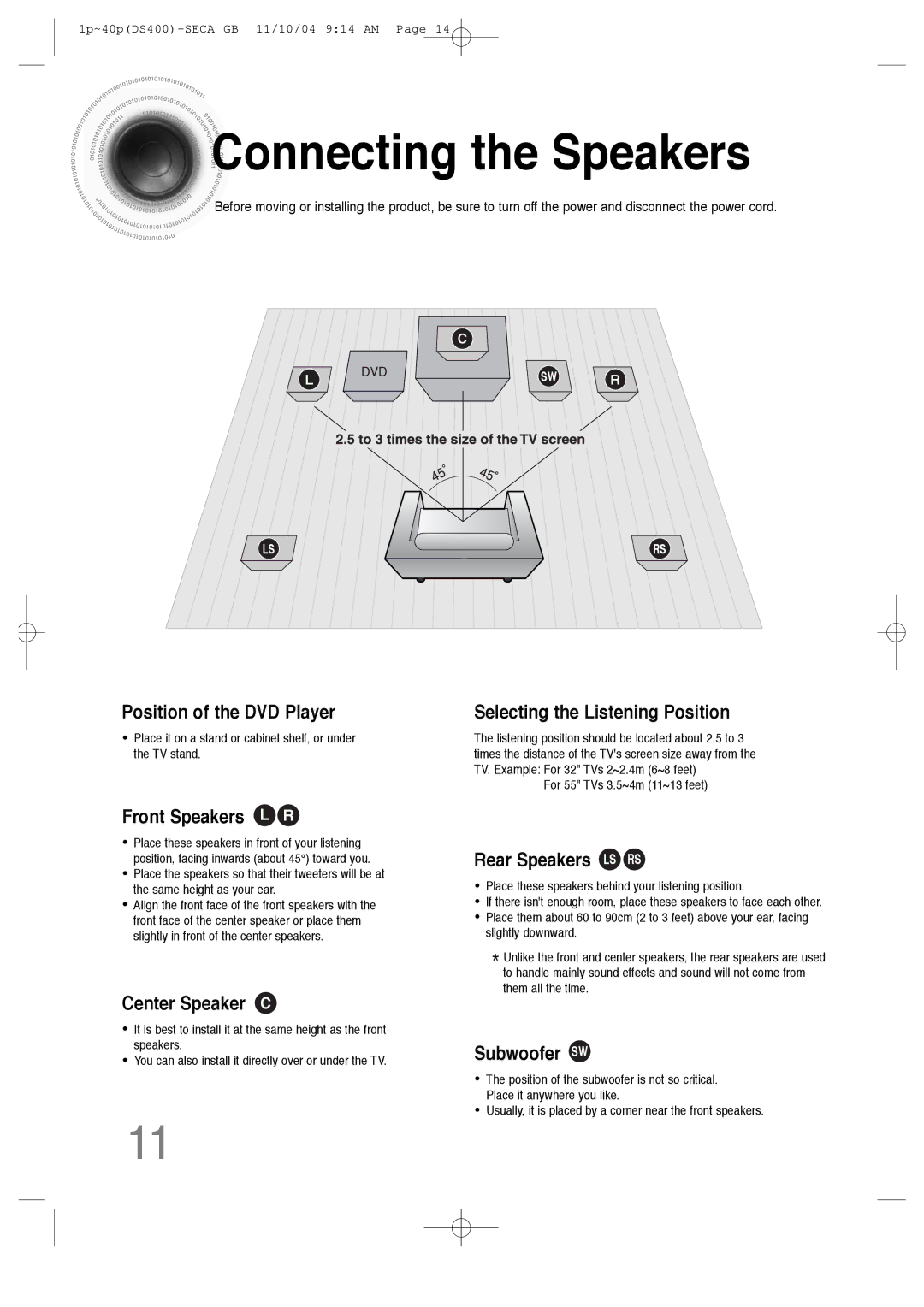 Samsung HT-DS400 instruction manual Connecting the Speakers, Position of the DVD Player 