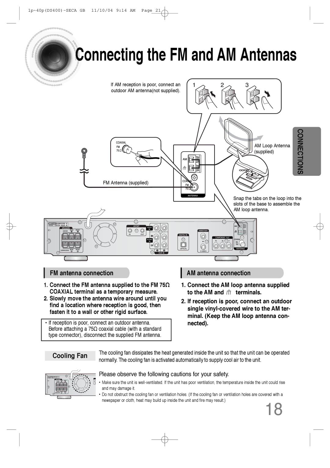 Samsung HT-DS400 instruction manual Connecting the FM and AM Antennas 