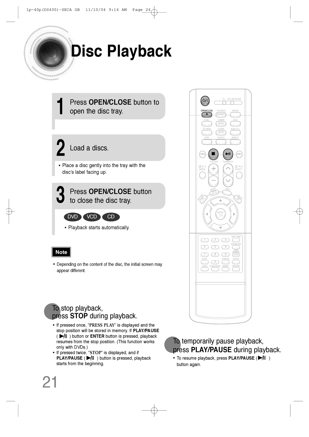 Samsung HT-DS400 instruction manual Disc Playback, Press OPEN/CLOSE button to open the disc tray, Load a discs 