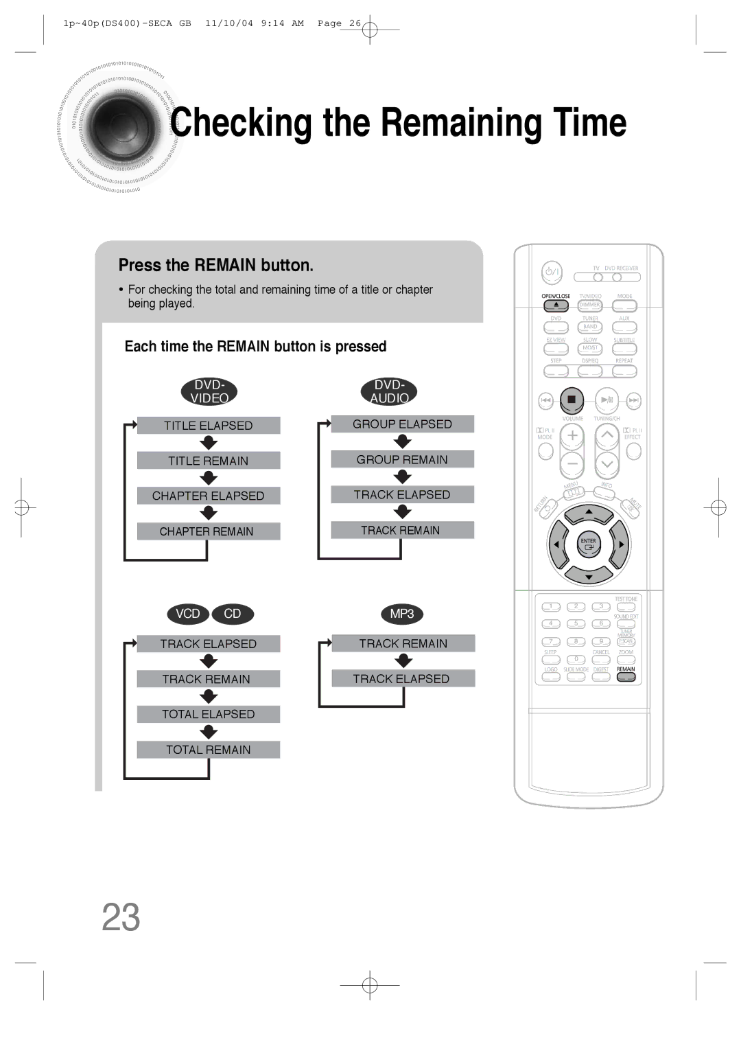 Samsung HT-DS400 instruction manual Checking the Remaining Time, Press the Remain button 