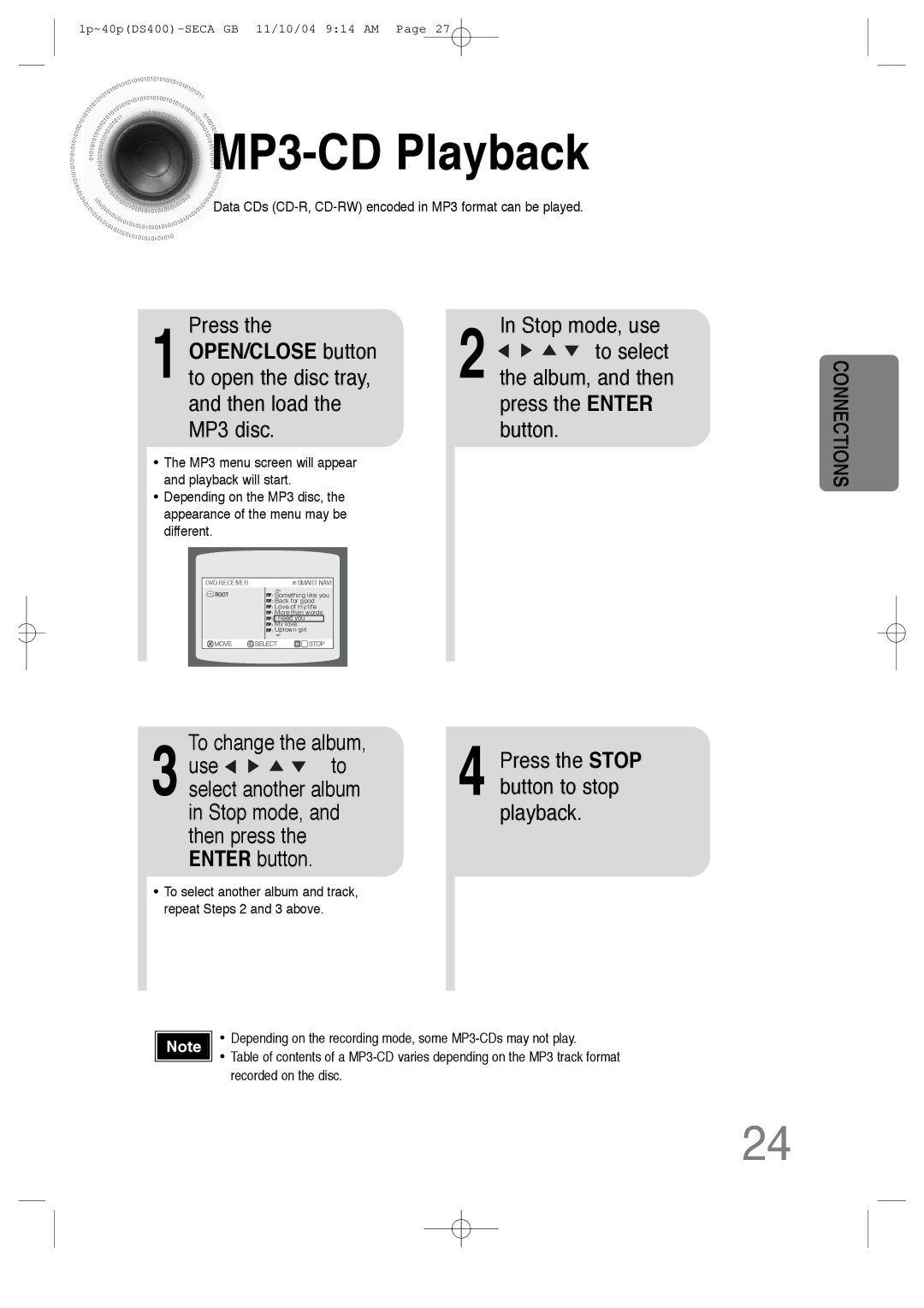 Samsung HT-DS400 instruction manual MP3 -CD Playback, To change the album, Press the Stop button to stop playback 