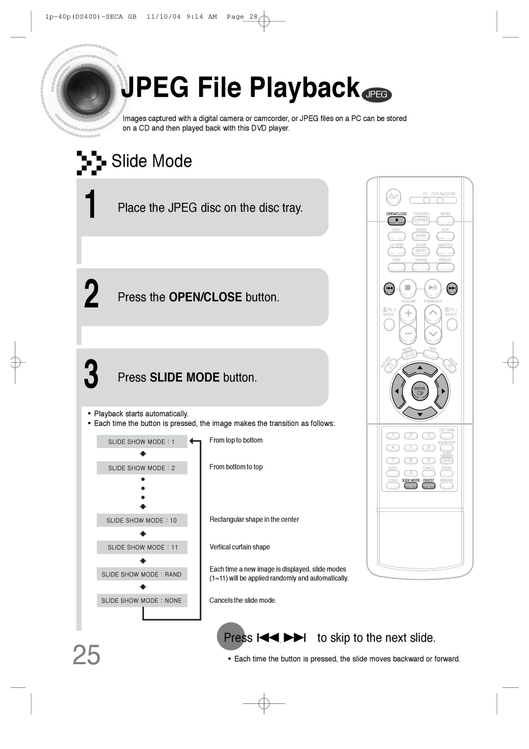 Samsung HT-DS400 instruction manual Jpeg File Playback Jpeg, Press Slide Mode button, Press To skip to the next slide 