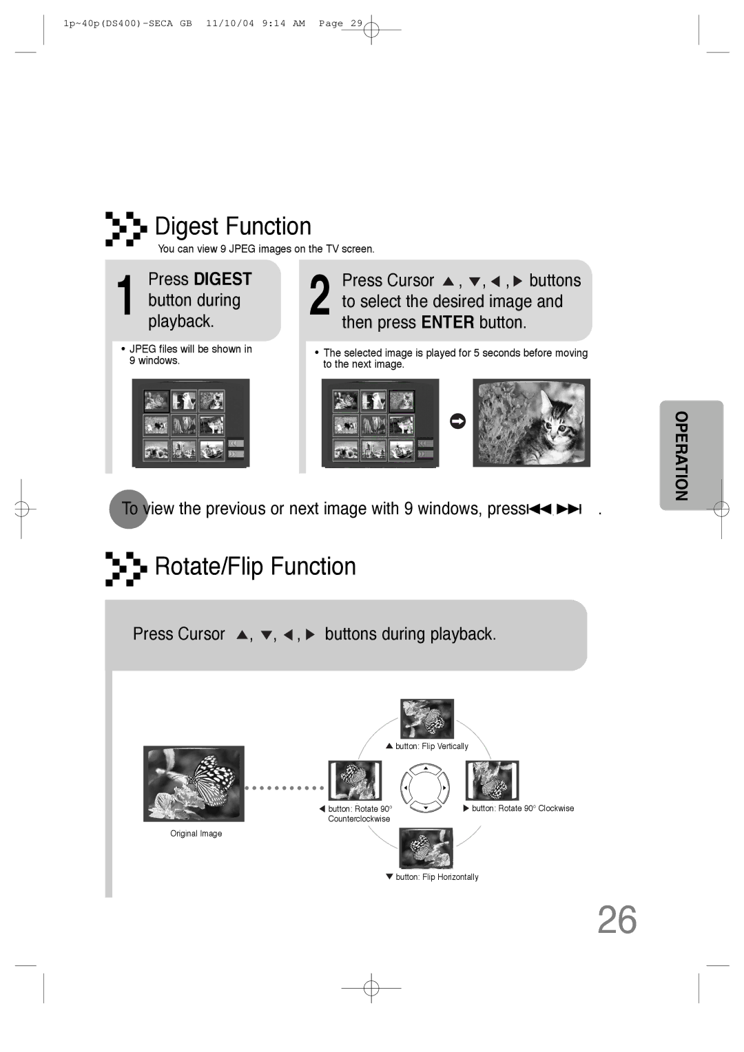 Samsung HT-DS400 Digest Function, Rotate/Flip Function, Press Digest, Press Cursor , , , buttons during playback 