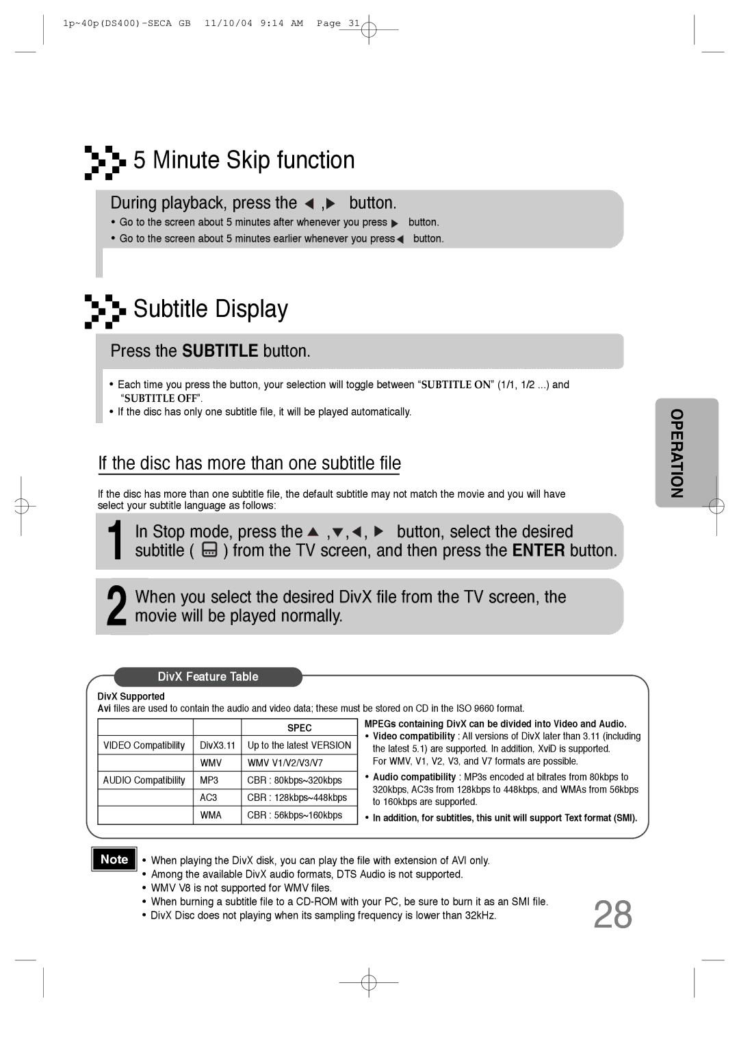 Samsung HT-DS400 instruction manual Minute Skip function, Subtitle Display 