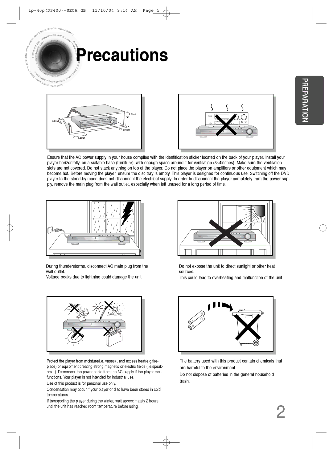 Samsung HT-DS400 instruction manual Precautions, Preparation 