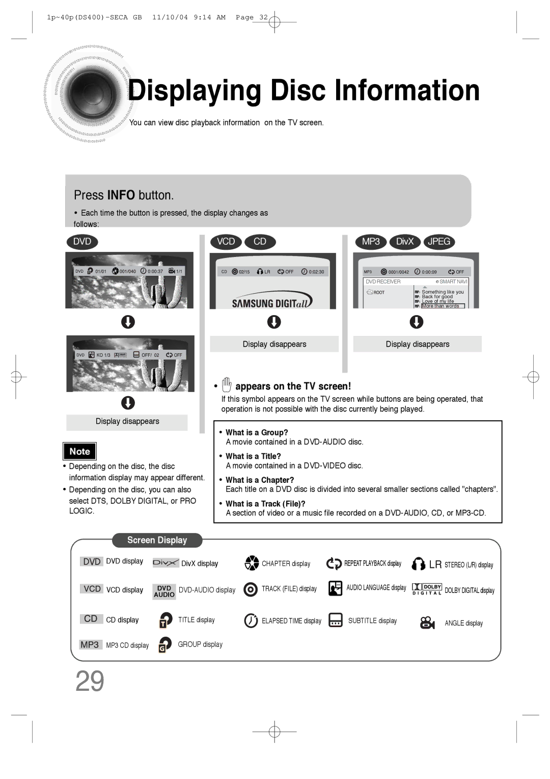 Samsung HT-DS400 instruction manual Displaying Disc Information, Press Info button 