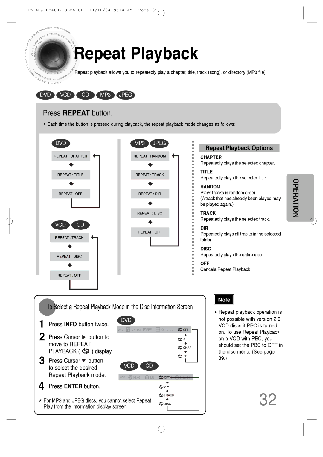 Samsung HT-DS400 instruction manual Repeat Playback, Press Repeat button 