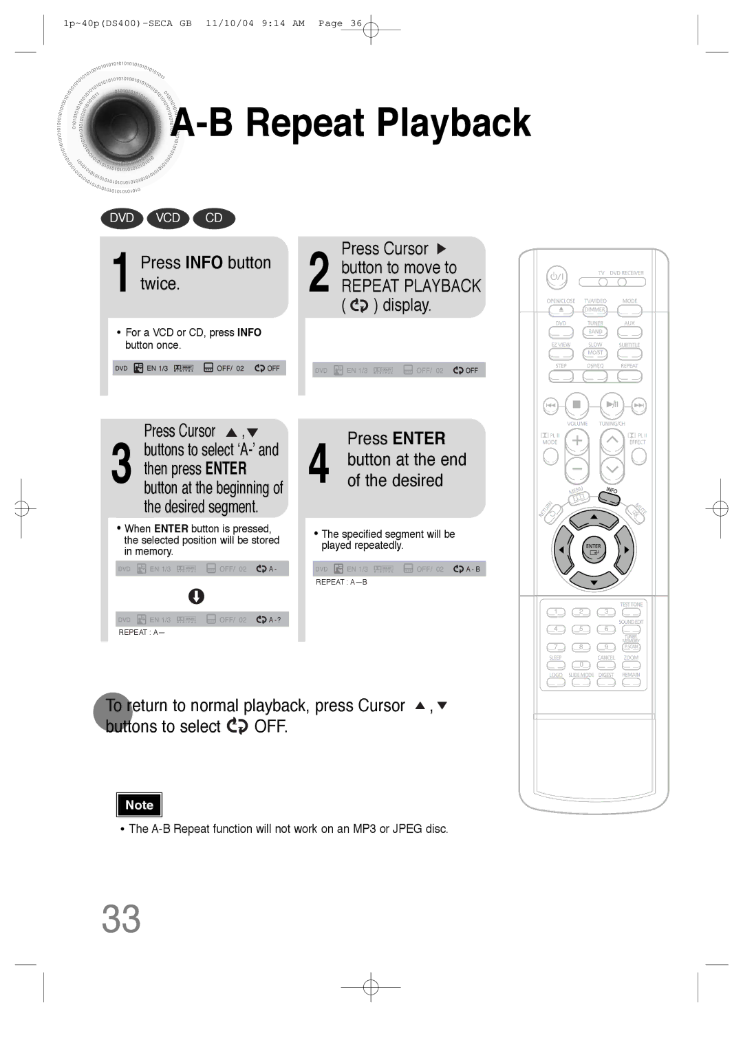 Samsung HT-DS400 instruction manual Press Info button twice, Press Enter, Desired 