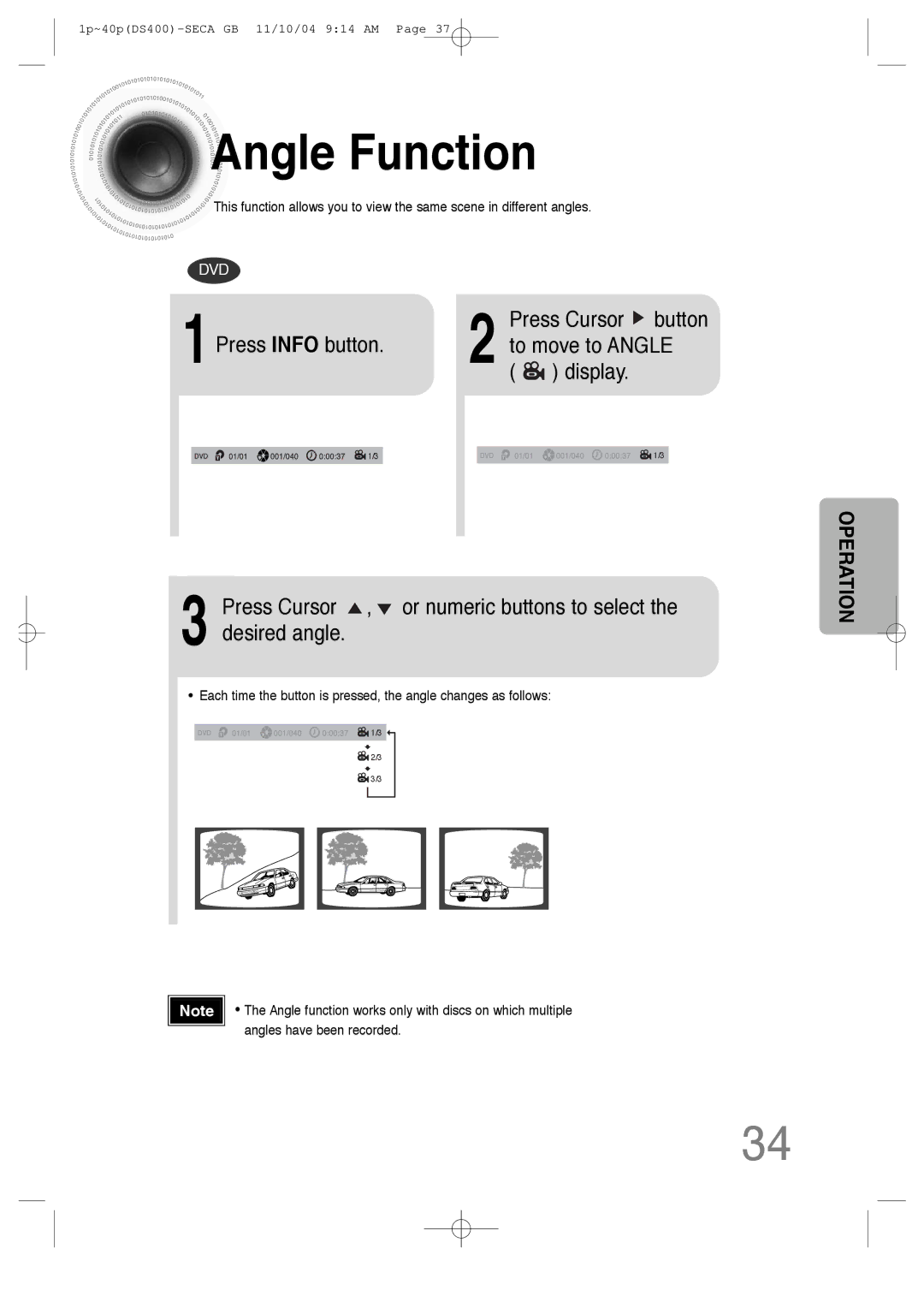 Samsung HT-DS400 instruction manual Angle Function, Move to Angle, Display, Press Cursor button 