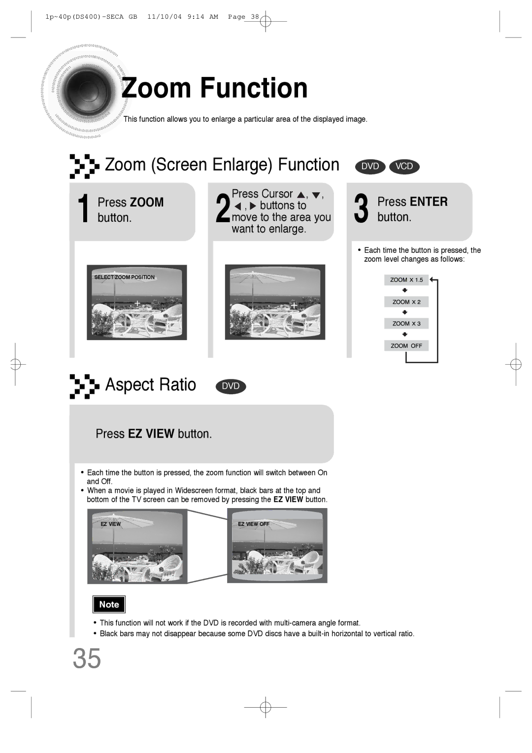 Samsung HT-DS400 Zoom Function, Zoom Screen Enlarge Function DVD VCD, Press Zoom, Button, Press EZ View button 