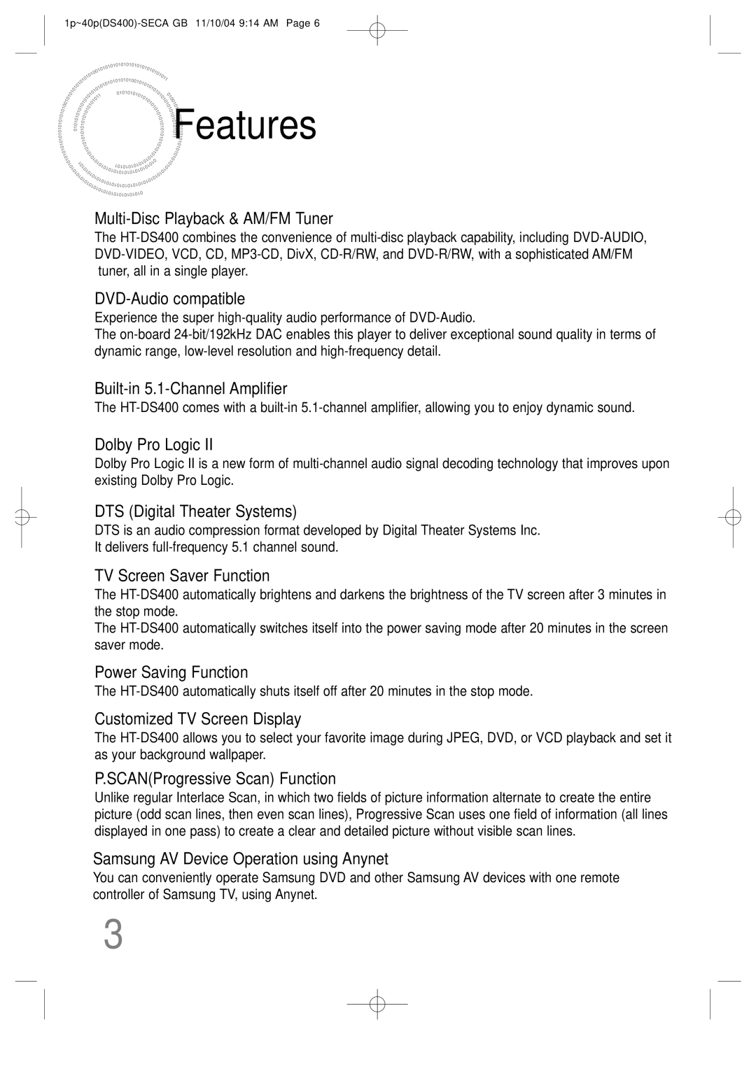 Samsung HT-DS400 instruction manual Features 