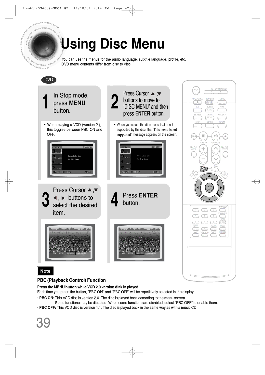 Samsung HT-DS400 instruction manual Using Disc Menu, Stop mode, Press Cursor, Buttons to, Pressbutton.MENU 