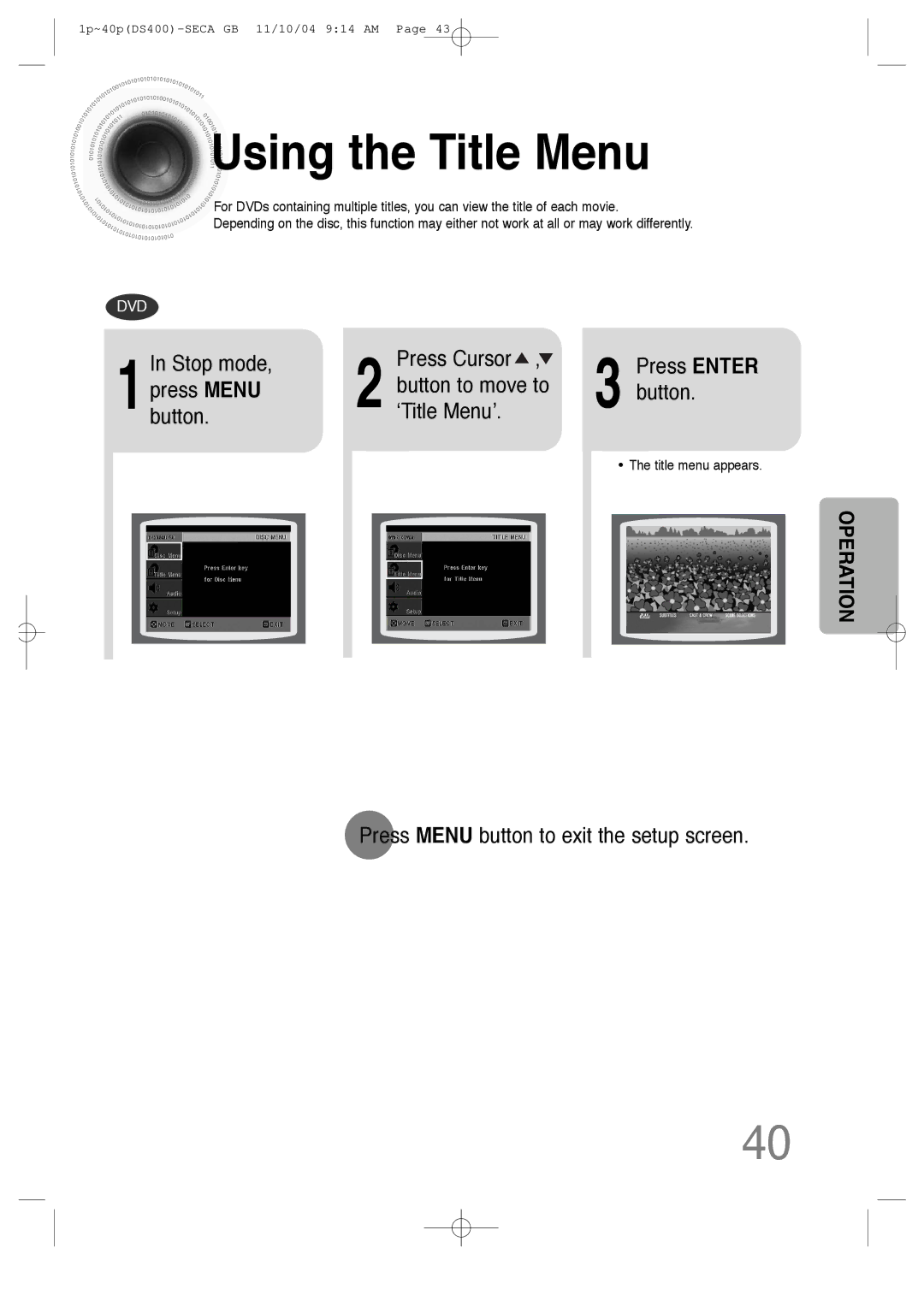 Samsung HT-DS400 Using the Title Menu, Button to move to ‘Title Menu’, Press Menu button to exit the setup screen 