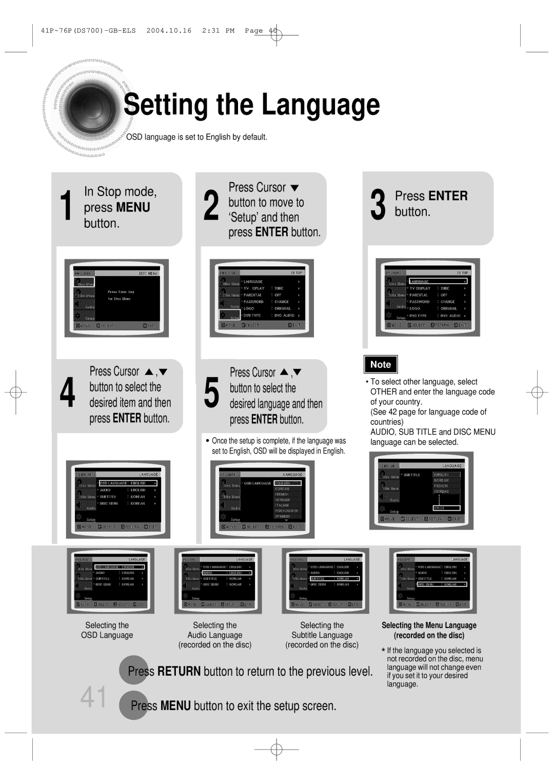 Samsung HT-DS400 Setting the Language, Stop mode Press Cursor, Press Return button to return to the previous level 