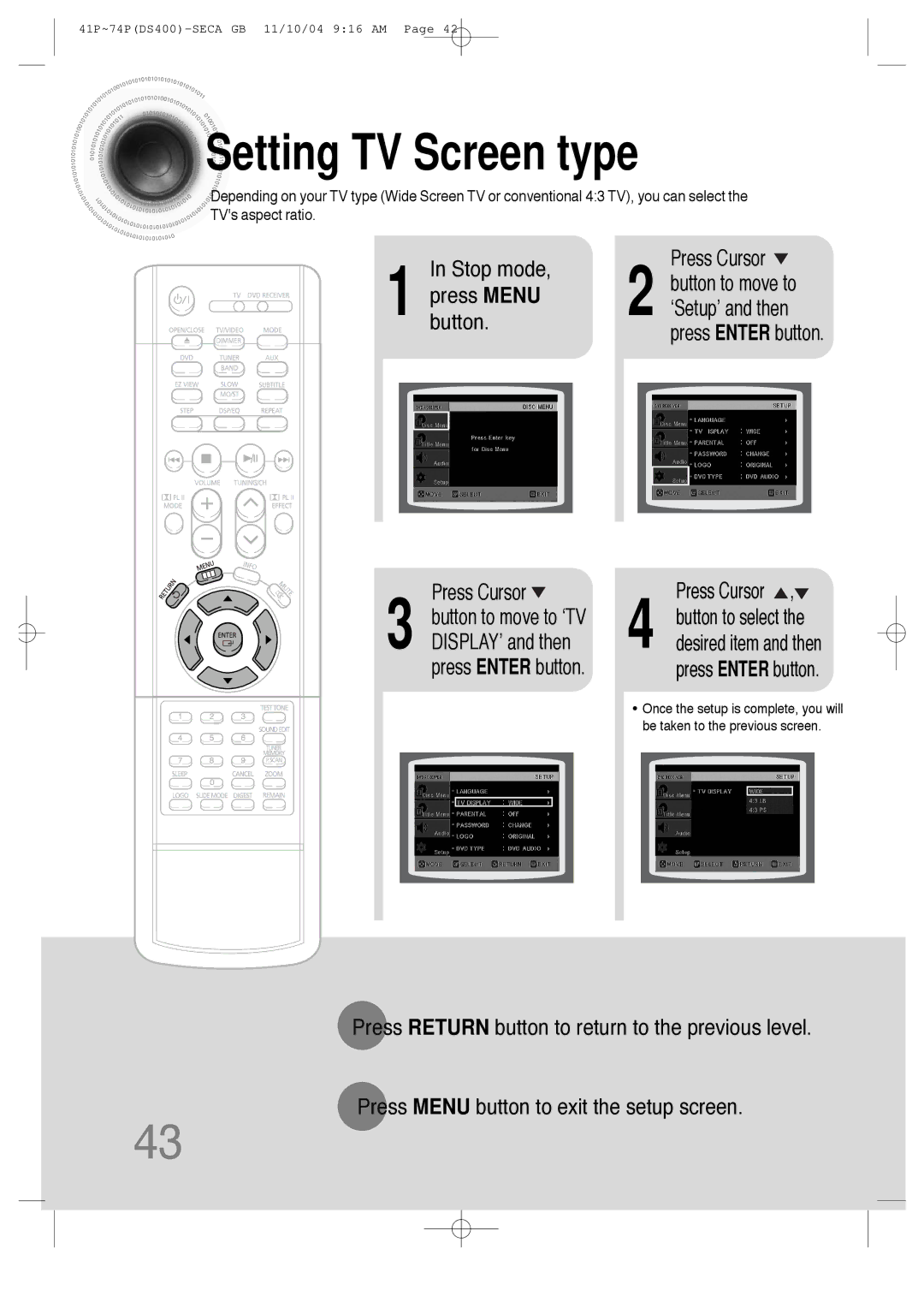 Samsung HT-DS400 instruction manual Setting TV Screen type, Stop mode 