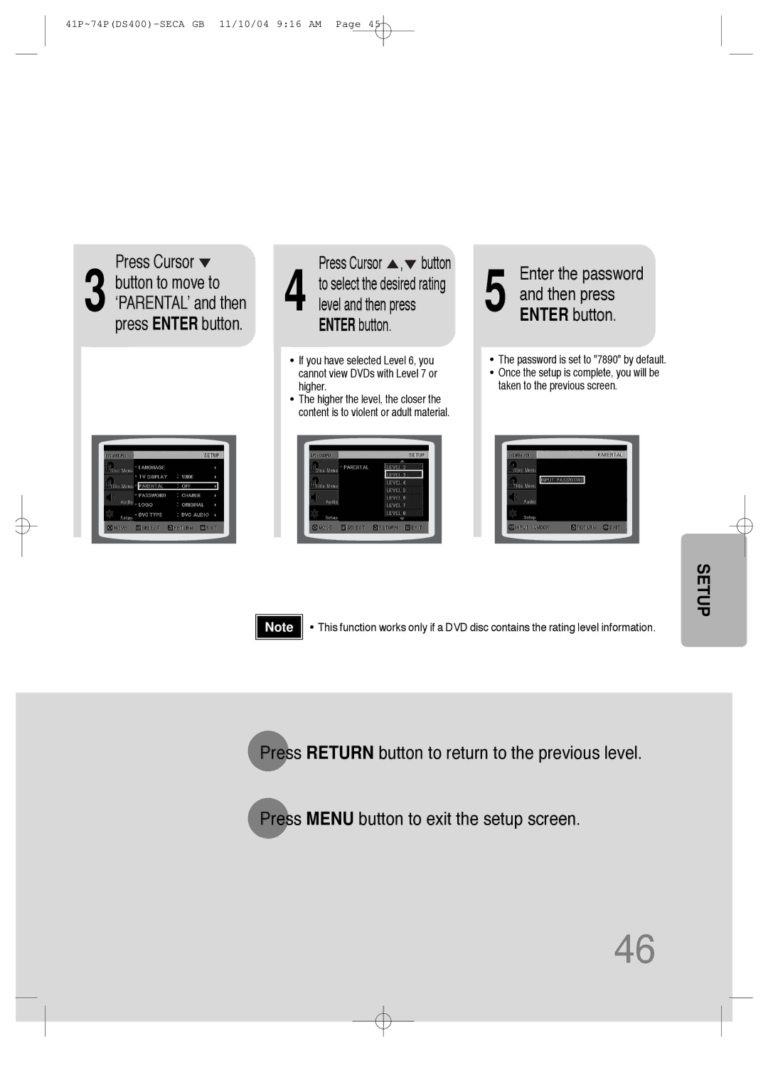 Samsung HT-DS400 instruction manual Press Cursor , button, Enter the password 