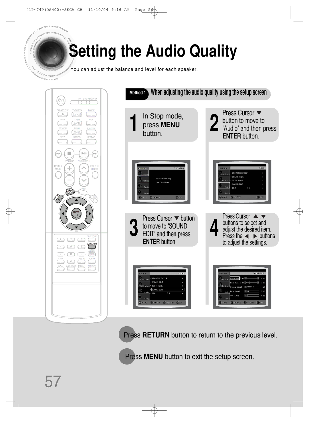 Samsung HT-DS400 instruction manual Setting the Audio Quality, Button to move to 