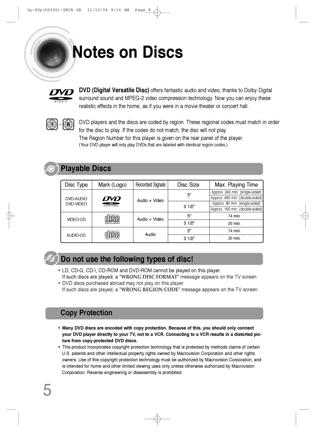 Samsung HT-DS400 instruction manual Playable Discs, Copy Protection 