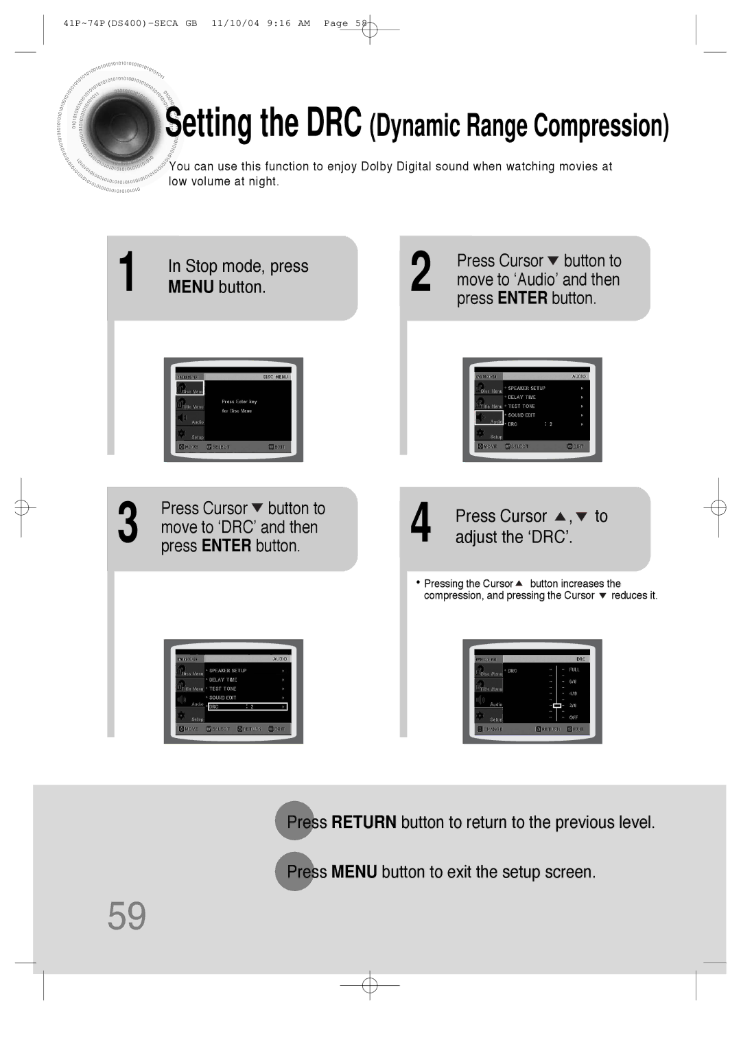 Samsung HT-DS400 instruction manual Stop mode, press, Menu button, Press Cursor , to adjust the ‘DRC’, Press Enter button 