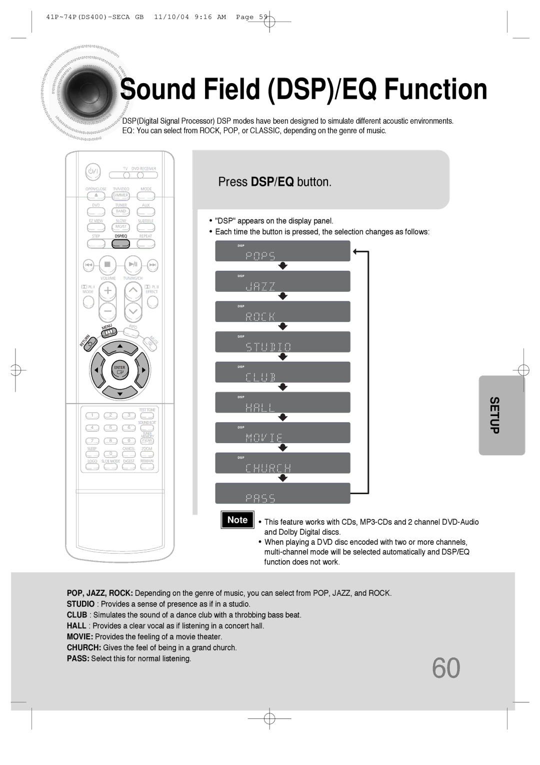 Samsung HT-DS400 instruction manual Sound Field DSP/EQ Function, Press DSP/EQ button 