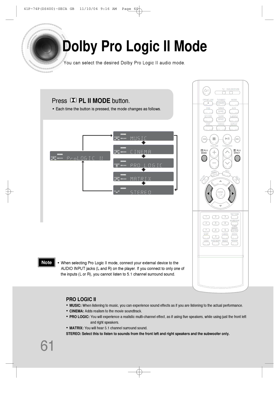 Samsung HT-DS400 instruction manual Dolby Pro Logic II Mode, Press PL II Mode button 