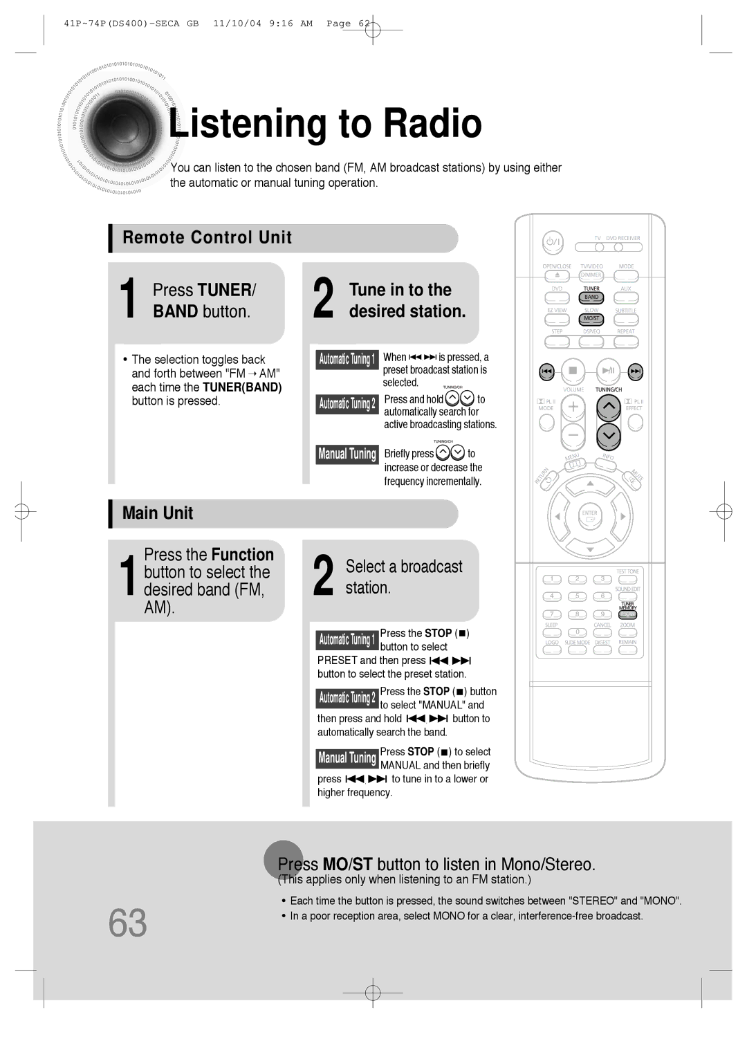 Samsung HT-DS400 instruction manual Listening to Radio, Remote Control Unit Press Tuner, Band button, Main Unit 