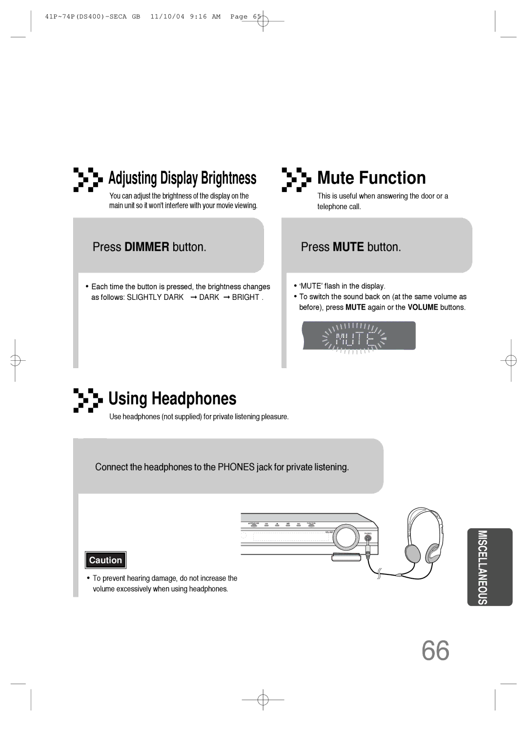 Samsung HT-DS400 instruction manual Mute Function, Press Dimmer button Press Mute button 