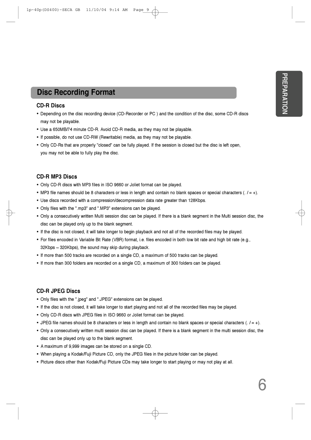 Samsung HT-DS400 instruction manual Disc Recording Format 