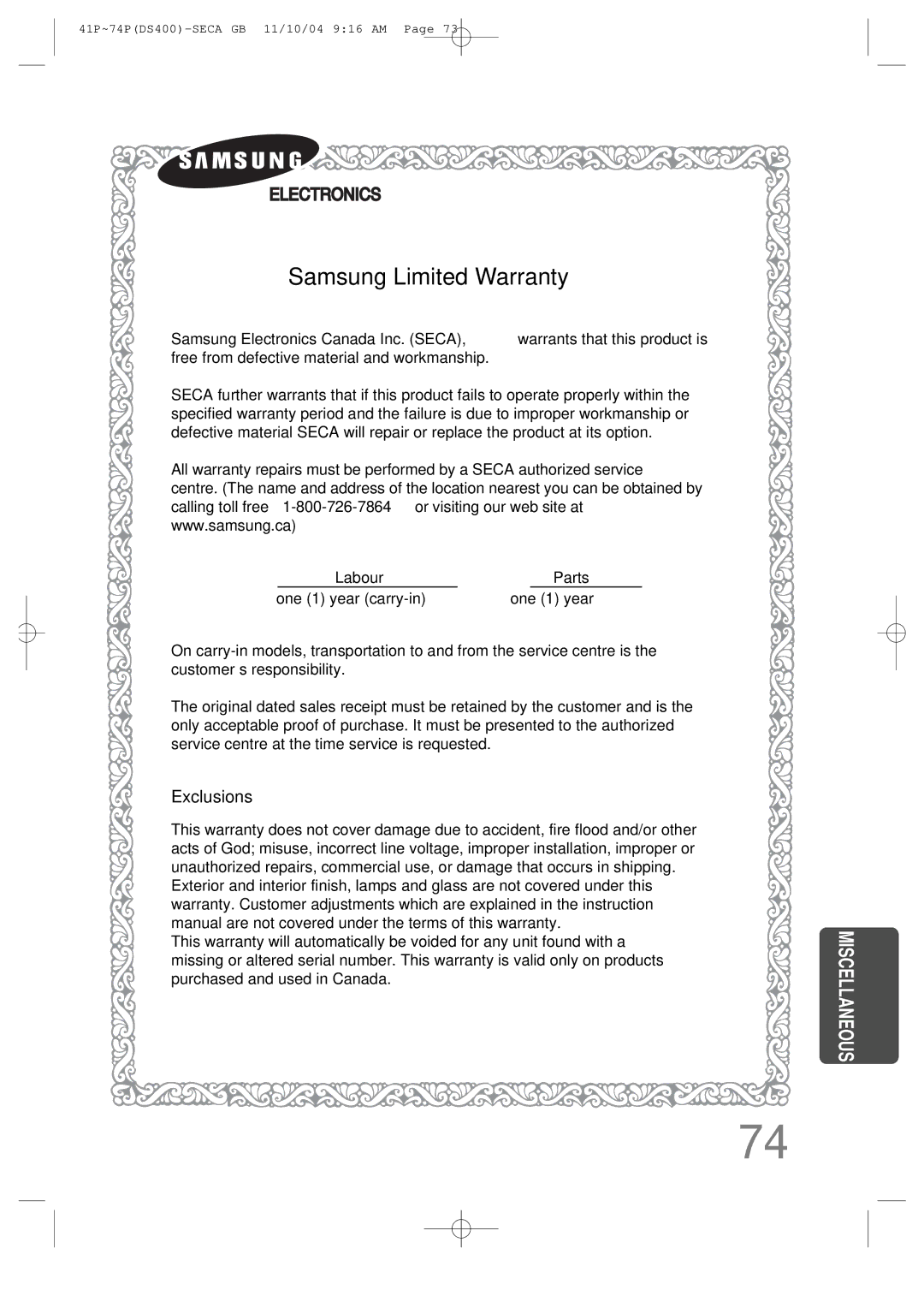 Samsung HT-DS400 instruction manual Samsung Limited Warranty 