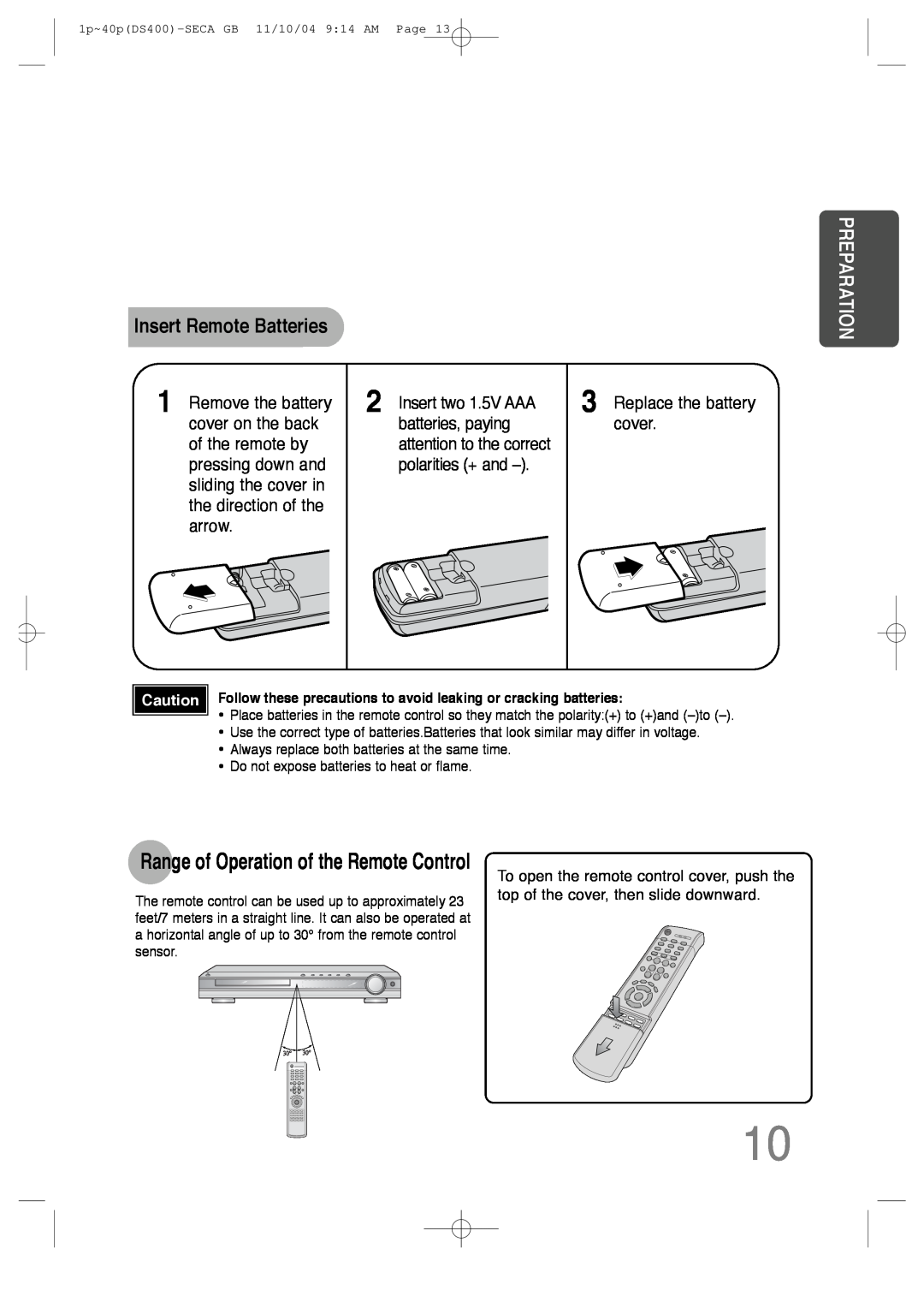 Samsung HT-DS400 instruction manual Insert Remote Batteries, Preparation, Range of Operation of the Remote Control 