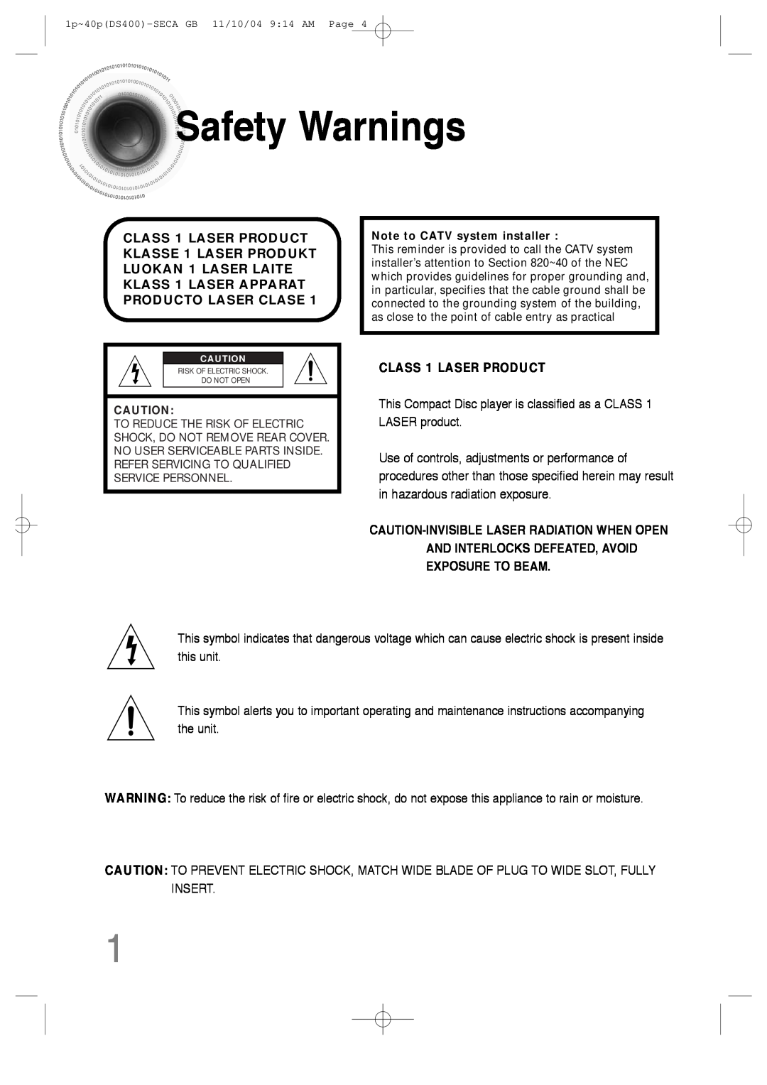 Samsung HT-DS400 instruction manual SafetyWarnings, CLASS 1 LASER PRODUCT 