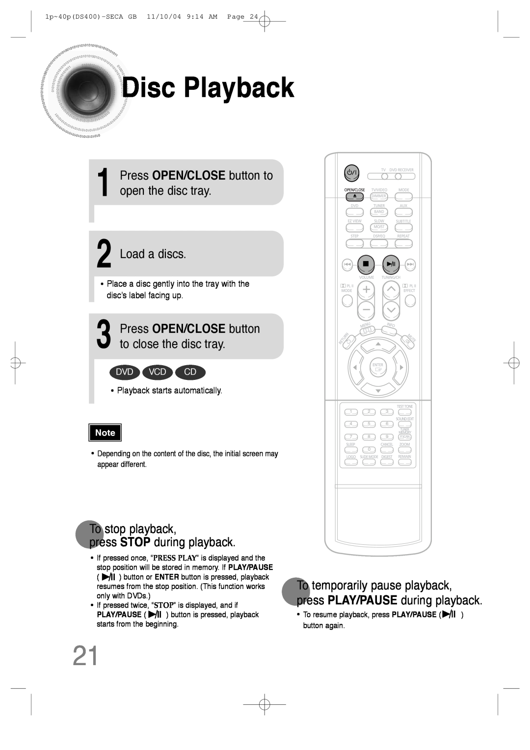 Samsung HT-DS400 instruction manual DiscPlayback, Press OPEN/CLOSE button to open the disc tray, Load a discs, Dvd Vcd Cd 