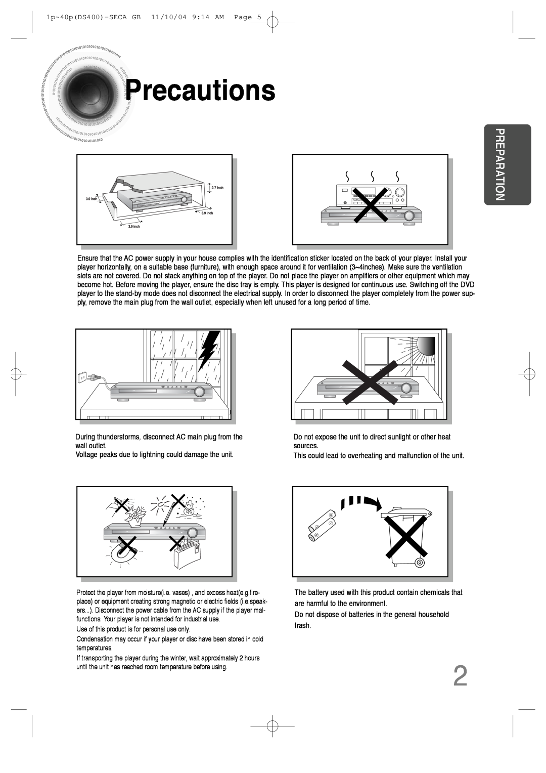 Samsung HT-DS400 instruction manual Precautions, Preparation 