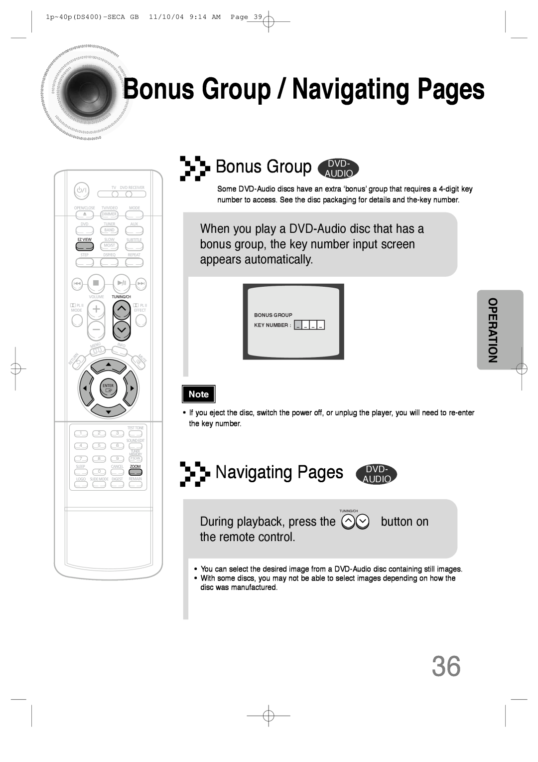 Samsung HT-DS400 Bonus Group DVD, BonusGroup / Navigating Pages, During playback, press the, the remote control, Audio 