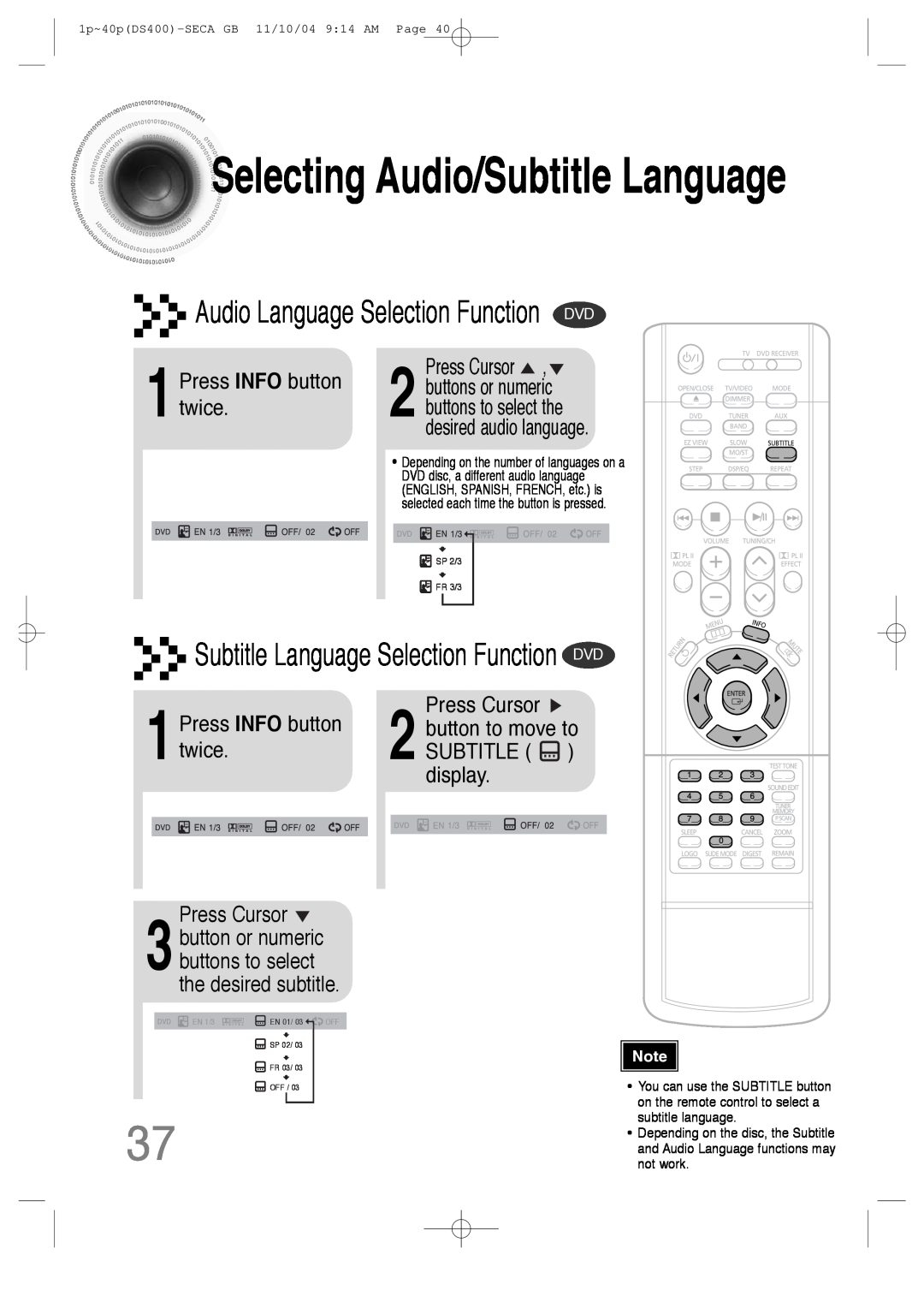 Samsung HT-DS400 Audio Language Selection Function DVD, 1Press INFO button twice, desired audio language, Press Cursor 
